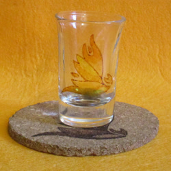 Size: 920x920 | Tagged: safe, artist:malte279, character:spitfire, species:phoenix, coaster, cork, craft, cutie mark, glass, glass painting, irl, photo, pyrography, shot glass, traditional art