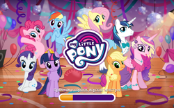 Size: 1280x800 | Tagged: safe, gameloft, idw, character:applejack, character:fluttershy, character:pinkie pie, character:princess cadance, character:rainbow dash, character:rarity, character:shining armor, character:twilight sparkle, character:twilight sparkle (alicorn), species:alicorn, species:earth pony, species:pegasus, species:pony, species:unicorn, balloon, cyrillic, disco ball, female, idw showified, loading screen, male, mare, neigh anything, screenshots, stallion
