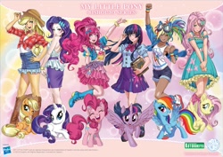 Size: 1755x1240 | Tagged: safe, artist:shunya yamashita, kotobukiya, character:applejack, character:fluttershy, character:pinkie pie, character:rainbow dash, character:rarity, character:twilight sparkle, character:twilight sparkle (alicorn), species:alicorn, species:earth pony, species:human, species:pegasus, species:pony, species:unicorn, my little pony:equestria girls, anime style, applejack's hat, bishoujo, book, boots, bracelet, clothing, cowboy hat, dark skin, denim skirt, dress, eyes closed, fake ears, female, glasses, goggles, hasbro logo, hat, human coloration, human ponidox, humane five, humane six, humanized, i can't believe it's not sci-twi, jewelry, kotobukiya applejack, kotobukiya fluttershy, kotobukiya pinkie pie, kotobukiya rainbow dash, kotobukiya rarity, kotobukiya twilight sparkle, looking at you, mane six, mare, miniskirt, moe, one eye closed, open mouth, pleated skirt, ponytail, prone, self ponidox, shirt, shoes, shorts, side slit, sitting, skirt, smiling, socks, spread wings, stetson, tank top, tanned, twilight's professional glasses, wings, wink, wristband