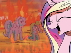 Size: 640x480 | Tagged: safe, edit, edited screencap, idw, screencap, character:megan williams, character:princess cadance, character:wind whistler, episode:the magic coins, g1, cadance laughs at your misery, exploitable meme, megan's fire, meme, obligatory pony, sad