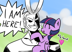 Size: 1954x1432 | Tagged: safe, artist:artiks, character:twilight sparkle, character:twilight sparkle (alicorn), species:alicorn, species:pony, all might, crossover, crossover shipping, dialogue, female, floating heart, heart, male, manga, mare, my hero academia, shipping, speech bubble, straight, twimight