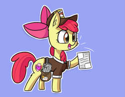 Size: 2485x1923 | Tagged: safe, alternate version, artist:artiks, character:apple bloom, species:earth pony, species:pony, apple bloom's bow, bag, bow, clothing, exploitable, female, hair bow, hat, mailmare, mailmare hat, mare, newspaper, solo, template