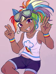 Size: 859x1127 | Tagged: artist needed, source needed, safe, kotobukiya, character:rainbow dash, species:human, my little pony:equestria girls, bare shoulders, clothing, cute, dark skin, dashabetes, eared humanization, female, goggles, humanized, kotobukiya rainbow dash, open mouth, peace sign, solo, tan lines, tank top, tanned