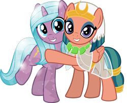 Size: 5014x4075 | Tagged: safe, artist:jhayarr23, idw, character:radiant hope, character:somnambula, species:crystal pony, species:pegasus, species:pony, species:unicorn, g4, absurd resolution, clothing, cute, duo, duo female, eyeliner, eyeshadow, female, friendshipping, glowpaz, hopabetes, hope, hug, idw showified, looking at you, makeup, mare, see-through, show accurate, simple background, smiling, somnambetes, sweet dreams fuel, transparent background, vector