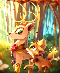 Size: 2372x2918 | Tagged: safe, artist:kaleido-art, idw, character:bramble, character:king aspen, species:deer, father and son, forest, male, smiling, sunlight, tree