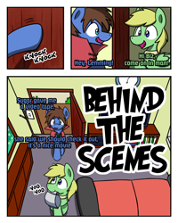 Size: 1024x1280 | Tagged: safe, artist:sugar morning, oc, oc only, oc:bizarre song, oc:lemming, species:pegasus, species:pony, comic:behind the scenes, cape, choker, clock, clothing, comic, couch, dialogue, door, furniture, house, inside, knocking, knocking on door, messy mane, nodding, onomatopoeia, talking
