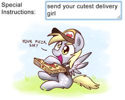 Size: 2560x2048 | Tagged: safe, artist:sugar morning, derpibooru original, character:derpy hooves, species:pegasus, species:pony, clothing, cute, dawwww, delivery, derpabetes, dialogue, featured on derpibooru, female, food, grass, happy, hat, hnnng, holding, hoof hold, mare, meme, open mouth, pizza, pizza box, pizza time, shirt, simple background, sitting, smiling, solo, spread wings, weapons-grade cute, white background, wings