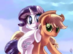 Size: 1940x1450 | Tagged: safe, alternate version, artist:whitediamonds, character:applejack, character:rarity, species:earth pony, species:pony, species:unicorn, ship:rarijack, blushing, clothing, female, freckles, hat, lesbian, mare, shipping, smiling