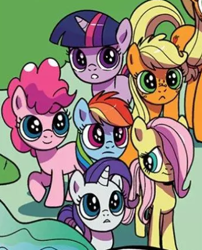 Size: 356x440 | Tagged: safe, artist:pencils, idw, character:applejack, character:fluttershy, character:pinkie pie, character:rainbow dash, character:rarity, character:twilight sparkle, cute, dashabetes, diapinkes, female, filly, filly applejack, filly fluttershy, filly pinkie pie, filly rainbow dash, filly rarity, filly twilight sparkle, jackabetes, mane six, raribetes, shyabetes, twiabetes, younger