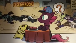 Size: 2560x1440 | Tagged: safe, idw, character:fizzlepop berrytwist, character:tempest shadow, species:pony, baseball cap, blues brothers, bluesmobile, cap, chicago, chicago cubs, chicoltgo, clothing, deep dish pizza, dodge monaco, elwood j. blues, food, hat, jake blues, pizza, police car, police chase, police officer, police pony, question mark
