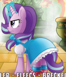 Size: 408x469 | Tagged: safe, idw, character:starlight glimmer, species:pony, species:unicorn, bow, clothing, cropped, cute, dorothy gale, dress, glowing horn, ribbon, ruby slippers, shoes, socks, solo, the wizard of oz