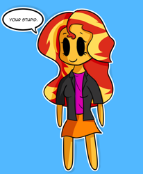 Size: 1272x1542 | Tagged: safe, artist:artiks, character:sunset shimmer, my little pony:equestria girls, beady eyes, black sclera, blank eyes, blue background, c:, chibi, clothing, cute, dialogue, empty eyes, female, grammar error, jacket, leather, leather jacket, no iris, no pupils, round trip's mlp equestria girls in a nutshell, simple background, skirt, smiling, solo, speech bubble, stupid, text, wat