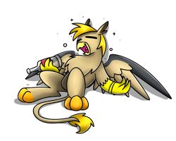 Size: 2560x2048 | Tagged: safe, artist:sugar morning, oc, oc only, oc:pad, species:griffon, alcohol, booze, bottle, commission, drunk, simple background, sitting, transparent background, wasted