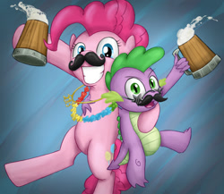 Size: 960x833 | Tagged: dead source, safe, artist:xioade, character:pinkie pie, character:spike, species:dragon, species:earth pony, species:pony, 2013, cider, happy new year, moustache