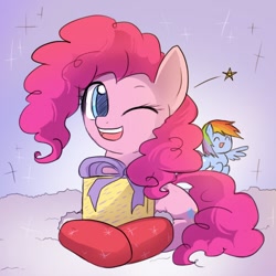 Size: 500x500 | Tagged: safe, artist:keterok, character:pinkie pie, character:rainbow dash, clothing, cute, diapinkes, mittens, open mouth, present, socks, solo focus, stars, wink