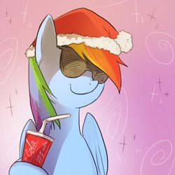 Size: 500x500 | Tagged: dead source, safe, artist:keterok, character:rainbow dash, species:pegasus, species:pony, abstract background, clothing, coca-cola, digital art, drink, female, glasses, hat, mare, santa hat, smiling, solo, sunglasses