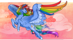 Size: 2443x1340 | Tagged: safe, artist:cigarscigarettes, character:rainbow dash, species:pegasus, species:pony, cloud, colored hooves, colored wings, digital art, female, flying, mare, smiling, solo, spread wings, wings