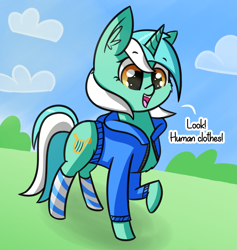 Size: 1929x2032 | Tagged: safe, artist:artiks, character:lyra heartstrings, species:pony, species:unicorn, clothing, cloud, cute, dialogue, female, hoodie, lyrabetes, mare, sky, smiling, socks, solo, striped socks