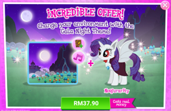Size: 1041x679 | Tagged: safe, gameloft, idw, official, character:rarity, species:alicorn, species:bat pony, species:pony, advertisement, alicornified, bat ponified, bat pony alicorn, cloak, clothing, costs real money, crack is cheaper, female, mare, night, race swap, raribat, raricorn, solo, town hall