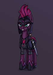 Size: 2894x4093 | Tagged: safe, artist:koshakevich, idw, character:tempest shadow, species:pony, armor, broken horn, eye scar, female, horn, maelstrom shade, mare, nightmare knights, scar, simple background, solo, sword, weapon