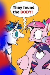 Size: 365x549 | Tagged: safe, idw, character:princess cadance, character:shining armor, character:twilight sparkle, exploitable meme, meme, murder, now you fucked up, obligatory pony, police, screaming armor, this will end in jail time, this will not end well, woop woop that's the sound of da police