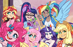Size: 2859x1850 | Tagged: safe, artist:annakitsun3, kotobukiya, character:applejack, character:fluttershy, character:pinkie pie, character:rainbow dash, character:rarity, character:spike, character:spike (dog), character:sunset shimmer, character:twilight sparkle, character:twilight sparkle (scitwi), species:dog, species:eqg human, species:human, my little pony:equestria girls, clothing, cute, dark skin, dashabetes, diapinkes, eared humanization, eye clipping through hair, eyebrows, eyebrows visible through hair, female, horned humanization, human coloration, humane five, humane seven, humane six, humanized, jackabetes, kotobukiya rainbow dash, light skin, male, open mouth, paws, ponied up, ponytail, raribetes, scitwilicorn, shimmerbetes, shyabetes, smiling, twiabetes, winged humanization, wings
