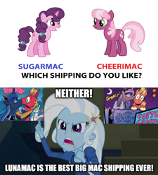Size: 1280x1424 | Tagged: safe, edit, edited screencap, idw, screencap, character:big mcintosh, character:cheerilee, character:princess luna, character:sugar belle, character:trixie, ship:cheerimac, ship:lunamac, ship:sugarmac, equestria girls:rainbow rocks, g4, my little pony:equestria girls, female, image macro, kiss on the cheek, kiss on the lips, kissing, male, meme, mouthpiece, shipping, straight, take a third option, text, trixie yells at everything