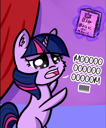 Size: 373x450 | Tagged: safe, artist:artiks, character:twilight sparkle, species:pony, species:unicorn, animated, book, dialogue, eye shimmer, female, filly, gif, hoofy-kicks, implied twilight velvet, levitation, magic, mare, pure unfiltered evil, solo, telekinesis, that pony sure does love books