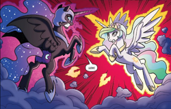 Size: 1504x955 | Tagged: safe, artist:tonyfleecs, idw, official comic, character:nightmare moon, character:princess celestia, character:princess luna, species:alicorn, species:pony, angry, crown, dialogue, duo, ethereal mane, female, fight, galaxy mane, hoof shoes, jewelry, mare, peytral, regalia, royal sisters, sisters, speech bubble, spread wings, wings