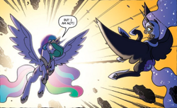 Size: 1674x1018 | Tagged: safe, artist:tonyfleecs, idw, official comic, character:nightmare moon, character:princess celestia, character:princess luna, species:alicorn, species:pony, angry, awesome, crown, dialogue, duo, ethereal mane, female, fight, galaxy mane, glowing eyes, hoof shoes, jewelry, mare, peytral, regalia, sisters, speech bubble, spread wings, wings