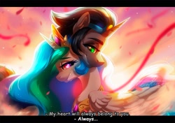 Size: 1027x725 | Tagged: safe, artist:dolorosacake, idw, character:good king sombra, character:king sombra, character:princess celestia, species:pony, ship:celestibra, always, commission open, crying, dawn, female, love, male, petals, shipping, straight