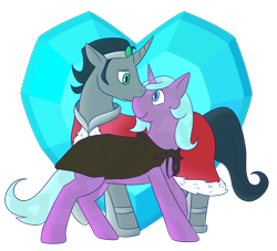 Size: 1100x1000 | Tagged: safe, artist:enigmadoodles, idw, character:king sombra, character:radiant hope, species:crystal pony, species:pony, species:unicorn, ship:hopebra, cape, cloak, clothing, crystal heart, female, heart, jewelry, looking at each other, male, mare, nuzzling, reformed sombra, regalia, shipping, simple background, smiling, stallion, straight, transparent background