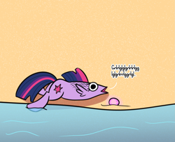 Size: 1611x1310 | Tagged: safe, artist:artiks, character:twilight sparkle, my little pony: the movie (2017), asphyxiation, beach, beached, fish, maybe salmon, pearl, reverse merpony, solo, species swap, wat, why