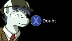 Size: 600x341 | Tagged: safe, artist:sugar morning, oc, oc only, oc:slipstream, species:pony, black background, boofy, bust, clothing, doubt, hat, l.a. noire, male, meme, ponified meme, portrait, press x to doubt, simple background, stallion, text