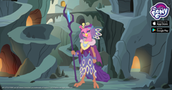 Size: 1200x630 | Tagged: safe, gameloft, idw, official, character:princess eris, cave, female, idw showified, majestic, nightmare knights, sarimanok, solo, staff, staff of sacanas