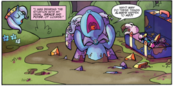 Size: 1280x639 | Tagged: safe, artist:agnesgarbowska, idw, official comic, character:trixie, species:pony, friends forever, cape, clothing, crying, dialogue, female, gem, hat, mare, mud, mud puddle, solo, speech bubble, trixie's cape, trixie's hat