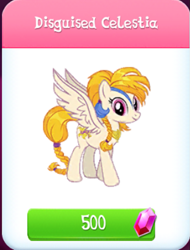 Size: 583x768 | Tagged: safe, gameloft, idw, character:golden feather, character:princess celestia, disguised celestia, gem, idw showified, solo