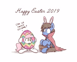 Size: 2560x2048 | Tagged: safe, artist:sugar morning, oc, oc only, oc:bizarre song, oc:sugar morning, species:pegasus, species:pony, bunny ears, cape, clothing, couple, easter, egg, female, holiday, male, mare, silly, simple background, sitting, sketch, stallion, sugarre, text, traditional art, weird, white background