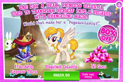 Size: 1032x692 | Tagged: safe, gameloft, idw, official, character:angel bunny, character:golden feather, character:princess celestia, species:pegasus, species:pony, advertisement, costs real money, disguise, disguised celestia, idw showified, sale