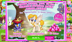 Size: 1024x600 | Tagged: safe, gameloft, idw, official, character:angel bunny, character:golden feather, character:lyra heartstrings, character:princess celestia, species:pegasus, species:pony, advertisement, braid, braided tail, costs real money, crown, disguised celestia, female, gem, idw showified, jewelry, looking at you, mare, multicolored hair, regalia, sale, turkish