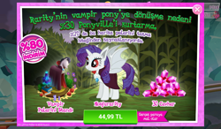 Size: 1024x600 | Tagged: safe, gameloft, idw, official, character:rarity, species:alicorn, species:bat pony, species:pony, advertisement, alicornified, bat ponified, bat pony alicorn, cape, clothing, costs real money, female, gem, idw showified, mare, night of the living apples, race swap, raribat, raricorn, red eyes, sale, solo, spread wings, turkish, vampire, wings
