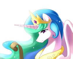 Size: 1125x911 | Tagged: safe, artist:jiayi, character:princess celestia, species:alicorn, species:pony, beautiful, bust, crown, female, jewelry, looking down, mare, portrait, profile, reading, regalia, scroll, smiling, solo