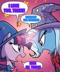 Size: 500x602 | Tagged: safe, edit, idw, character:trixie, character:twilight sparkle, species:pony, species:unicorn, ship:twixie, alternate universe, dialogue, duo, female, imminent kissing, lesbian, mare, meme, nightmare knights, shipping, speech bubble, the great and powerful roxy, the great and powerful twily