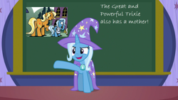 Size: 1280x720 | Tagged: safe, edit, idw, character:sunflower spectacle, character:trixie, species:pony, species:unicorn, episode:a matter of principals, g4, my little pony: friendship is magic, cape, chalkboard, clothing, female, filly, great and powerful, hat, mare, third person, trixie's cape, trixie's hat