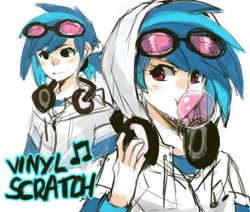 Size: 652x553 | Tagged: dead source, source needed, useless source url, safe, artist:suikuzu, character:dj pon-3, character:vinyl scratch, species:human, bubblegum, clothing, female, glasses, headphones, hoodie, humanized, ponytail, simple background, solo, white background
