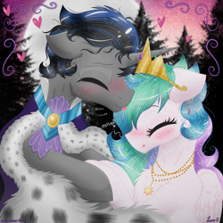 Size: 3000x3000 | Tagged: safe, artist:darkest-lunar-flower, idw, character:good king sombra, character:king sombra, character:princess celestia, species:alicorn, species:pony, species:unicorn, ship:celestibra, blushing, cape, clothing, crown, cute, cutelestia, female, heart, jewelry, licking, little tongue, male, mare, moon, necklace, regalia, shipping, sky, sombradorable, stallion, stars, straight, sweet dreams fuel, tongue out, tree, weapons-grade cute