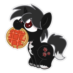 Size: 2048x2048 | Tagged: safe, artist:sugar morning, oc, oc only, oc:dog whisperer, species:pony, species:unicorn, chibi, food, looking up, male, mouth hold, nom, simple background, solo, squatting, stallion, syrup, transparent background, waffle