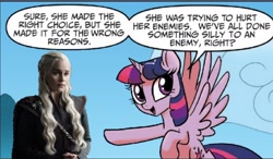 Size: 3502x2048 | Tagged: safe, edit, idw, character:twilight sparkle, character:twilight sparkle (alicorn), species:alicorn, species:pony, spoilers for another series, daenerys targaryen, exploitable meme, game of thrones, meme, reversed, text, twilight justifies evil meme