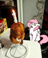 Size: 640x776 | Tagged: safe, artist:sugar morning, oc, oc only, oc:sugar morning, species:bird, species:chicken, species:pegasus, species:pony, candle, chicken meat, female, food, fried chicken, implied ponies eating meat, irl, mare, meat, open mouth, photo, ponified animal photo, sitting, solo