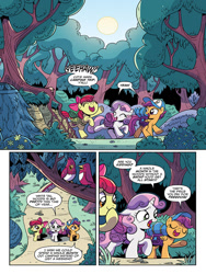 Size: 768x1024 | Tagged: safe, artist:brendahickey, idw, official comic, character:apple bloom, character:scootaloo, character:sweetie belle, species:bird, species:earth pony, species:pegasus, species:pony, species:unicorn, baseball cap, camping, cap, clothing, comic, cutie mark crusaders, dialogue, female, filly, foal, forest, hat, preview, raised hoof, saddle bag, speech bubble, spirit of the forest, whitetail woods